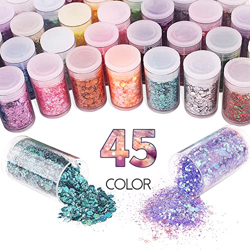 Holographic Chunky and Fine Glitter Mix, 45 Colors Festival Sequins & Glitter Powder, Iridescent Glitter Flakes, Cosmetic Face Body Eye Hair Nail Art Linwulte