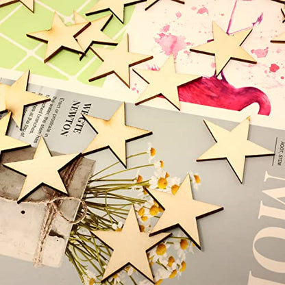 yueton 100PCS 40mm/1.57inch Unfinished Blank Star Wood Pieces Wood Slices Wood Chips Wooden Star Embellishments Christmas Tree Star Cutouts Ornaments