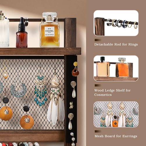 LadyRosian Hanging Jewelry Organizer Wall Mount with Rustic Wood Shelf,Pine Wood, Rustic Wooden Storage Display for Necklaces, Bracelets, Earrings,
