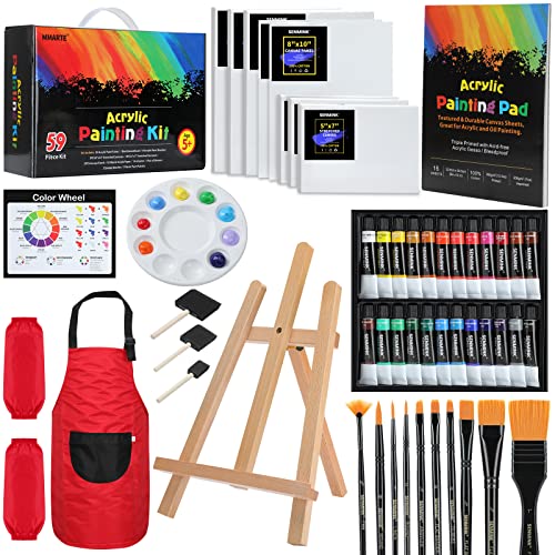 MMARTE 59pcs Acrylic Paint Set for Kids, Art Painting Supplies Kit with 24 Non-Toxic Paints, Tabletop Easel, Paint Brushes, Painting Pad, Canvas More