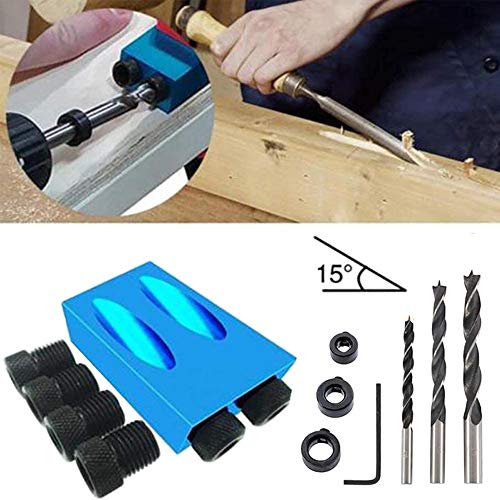 Pocket Hole Jig, 15 Degree Dowel Drill Joinery Kit, 6/8/10mm Drive Adapter for Woodworking Angle Drilling Holes, Carpenters Wood Woodwork Guides