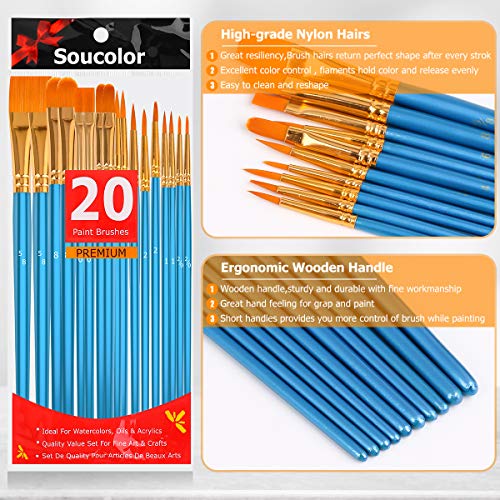 Soucolor Acrylic Paint Brushes Set, 20Pcs Round Pointed Tip Artist Paintbrushes for Acrylic Painting Oil Watercolor Canvas Boards Rock Body Face Nail Soucolor