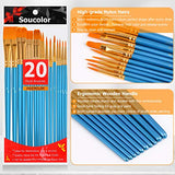 Soucolor Acrylic Paint Brushes Set, 20Pcs Round Pointed Tip Artist Paintbrushes for Acrylic Painting Oil Watercolor Canvas Boards Rock Body Face Nail Soucolor