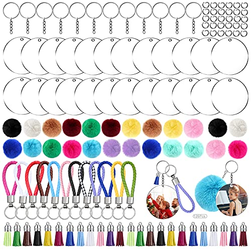 AUHOKY 126Pcs Acrylic Keychain Blanks with Tassels Kit Bulk, Various Shapes Transparent Acrylic Key Chain Embryo Accessories, Snap Hooks Braided Key - WoodArtSupply