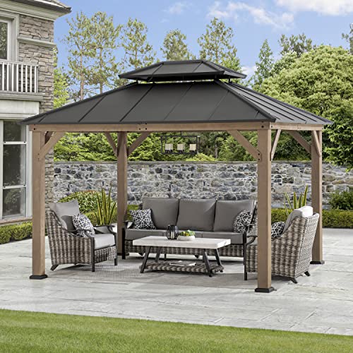 Sunjoy 10 x 12 ft. Wood Gazebo, Outdoor Patio Steel Hardtop Gazebo, Cedar Framed Wooden Gazebo with 2-Tier Metal Roof, Suitable for Patios, Lawn and