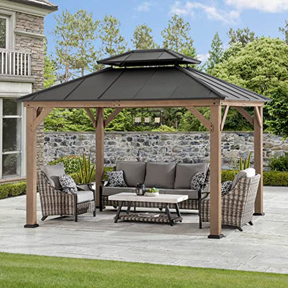 Sunjoy 10 x 12 ft. Wood Gazebo, Outdoor Patio Steel Hardtop Gazebo, Cedar Framed Wooden Gazebo with 2-Tier Metal Roof, Suitable for Patios, Lawn and