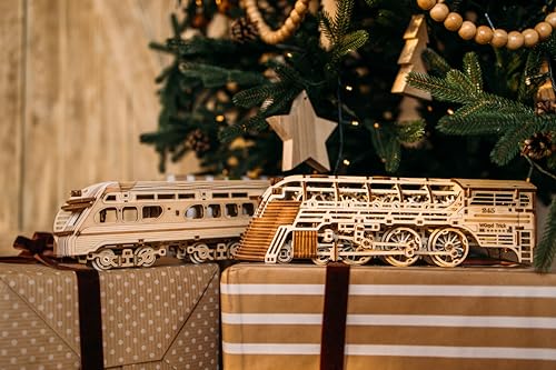 Wood Trick Atlantic Express Train 3D Wooden Puzzles for Adults and Kids to Build - 26.7x4 in - Rides up to 9 ft - Mechanical Locomotive Model Kit for Wood Trick