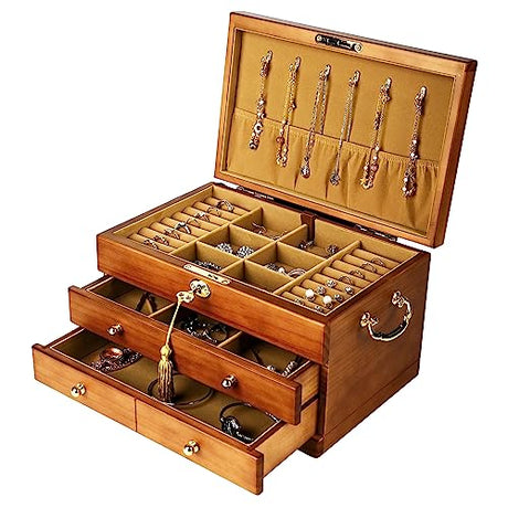 EURIELK Wooden Jewelry Box with Lock and Key for Women, 2 Drawers Medium Size Real Natural Wood Lockable Antique Girls Organizer Boxes with Large EURIELK