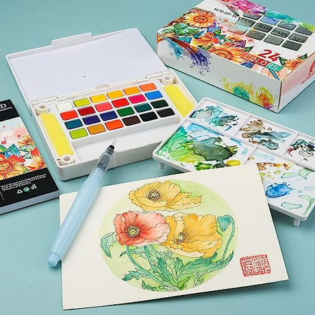MAIKEDEPOT Watercolor Paint Set,24 Vivid Colors Watercolor Sketching Kit Painting Set with Water Brush Pens,24 Sheets Watercolor Papers,3 Online MAIKEDEPOT