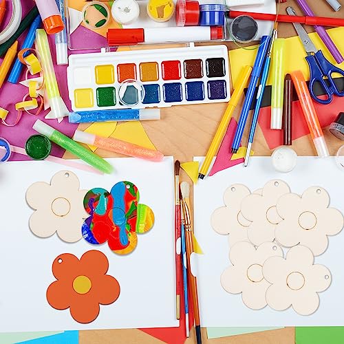 Whaline 50Pcs 3 Inch Wood Flower Cutouts Unfinished Wooden Boho Flower Cutouts with Holes and Hemp Rope DIY Blank Flower Shape Hanging Ornaments Whaline