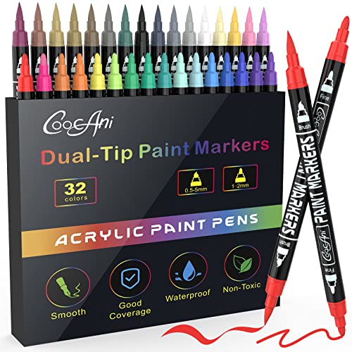 32 Colors Paint Markers, Dual Tip Acrylic Paint Pens for Wood, Canvas, Glass, Ceramic, Fabric,Rock Painting, DIY Crafts Making Art Supplies (Fine Tip CoocAni