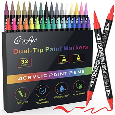 32 Colors Paint Markers, Dual Tip Acrylic Paint Pens for Wood, Canvas, Glass, Ceramic, Fabric,Rock Painting, DIY Crafts Making Art Supplies (Fine Tip CoocAni