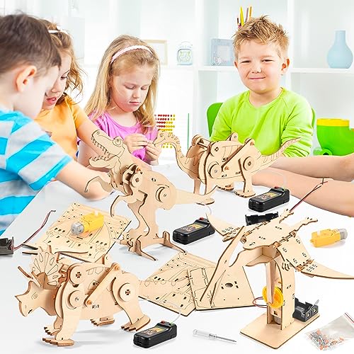 Dinosaur STEM Kits for Kids Ages 6-8-10-12, 4 in 1 Stem Projects, Wood Building Toys for Boys Age 8-12, Build It Yourself Woodworking Kit, DIY 3D Yutin