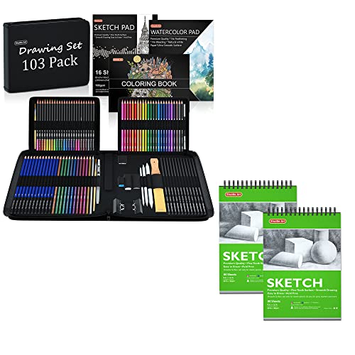 Shuttle Art Drawing Kit and Sketch Pad Bundle, Set of 103 Pack Drawing Kit +160 Sheets Sketch Pad Shuttle Art