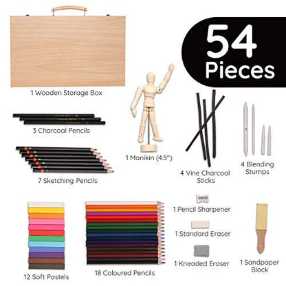 Sketching Art Set with Manikin - 54 Piece Beginners Wooden Box Set for Sketching & Coloring Supplies for Artists, Beginners, Kids, Adults and