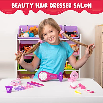 JOYIN 17Pcs Girls Beauty Salon Set, Pretend Play Doll Hair Stylist Toy Kit with Hairdryer, Mirror, Curling Iron and Other Accessories for Kids - WoodArtSupply