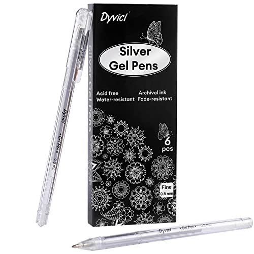 Dyvicl Silver Gel Pens, 0.8 mm Fine Pens Gel Ink Metallic Silver Pens for Black Paper Drawing, Sketching, Illustration, Adult Coloring, Journaling,