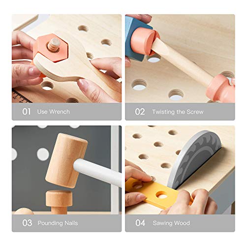 ROBOTIME Wooden Tool Bench for Kids Toy Play Workbench Workshop with Tools Set, Creative Wood Construction Tool Bench Toy for 3 4 5 Year Old Boys ROBOTIME