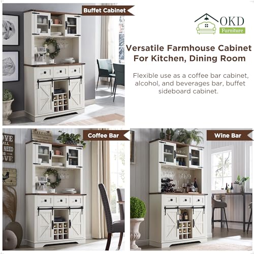 OKD Farmhouse Bar Cabinet with Sliding Barn Door, 72" Rustic Buffet with Hutch with Wine and Glasses Rack, 3 Drawers, Storage Shelves, Sideboard OKD