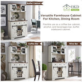 OKD Farmhouse Bar Cabinet with Sliding Barn Door, 72" Rustic Buffet with Hutch with Wine and Glasses Rack, 3 Drawers, Storage Shelves, Sideboard OKD