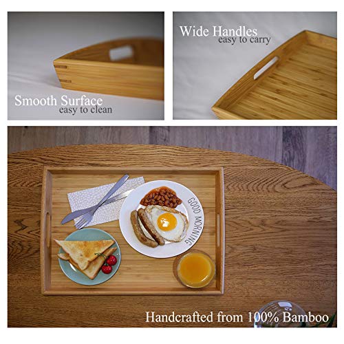 Joy&Grace 100% Bamboo Wood Butler Serving Tray with Handles - Breakfast/Coffee Table Tray, Decorative Ottoman Tray, Serving Platter for Joy&Grace