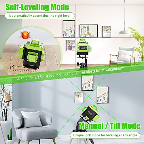 Laser Level Self Leveling - Elikliv 200ft Outdoor Robust Indoors 4D Green Cross Line Laser Level 4x360 Horizontal Vertical Dual-beam Lasers for DIY Elikliv