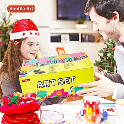 Shuttle Art 186 Piece Deluxe Art Set, Art Supplies in Wooden Case, Painting Drawing Art Kit with Acrylic Paint Pencils Oil Pastels Watercolor Cakes