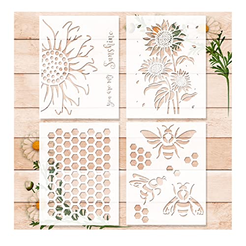 8 Pcs Bee Stencils for Painting on Wood, Honeycomb Hexagon Drawing Template Honey Comb Bee Stencil for Wood Cookies Wall Canvas Furniture DIY Crafts Decorative Wood Burning (Sunflower/bee)