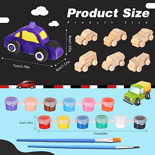 Lenwen 24 Pcs Wood DIY Car Toys for Party Unfinished Wooden Cars, Wooden Toy Cars Wooden Crafts with 12 Color Acrylic Paint for Students Girls Boys Lenwen