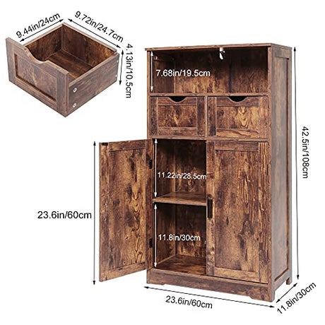Iwell Storage Cabinet with 2 Drawers & Adjustable Shelves, Farmhouse Kitchen Storage Cabinet with Door, Cupboard, Floor Cabinet for Living Room, Iwell