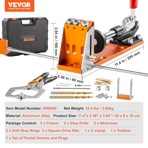 VEVOR Pocket Hole Jig Kit, 34 Pcs Pocket Hole Jig System with 11" C-clamp, Fixture, Step Drills, Wrenches, Drill Stop Rings, Square Drive Bits, VEVOR
