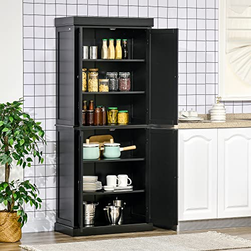HOMCOM 72.5" Kitchen Pantry Storage Cabinet, Freestanding Kitchen Cupboard with 4 Doors and Adjustable Shelves for Dining Room, MDF Black