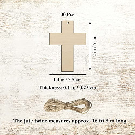 30pcs Mini Cross Wood DIY Crafts Cutouts 2" Wooden Cross Shaped Hanging Ornaments with Jute Twines Gift Tags for Easter Halloween Holiday Party Creaides