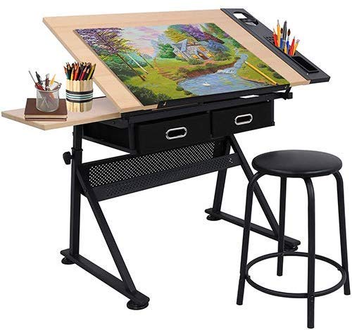 BBBuy Drafting Table Desk Art&Craft Work Station Drawing Desk Height Adjustable Tilting Tabletop Craft Table w/Stool and 2 Storage Drawers for Home