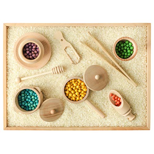 BLUE GINKGO Sensory Bin Tools - Montessori Fine Motor Skills Learning Waldorf Toys for Toddlers and Kids Pretend Play - 9 Piece Kitchen Wooden Set - BLUE GINKGO