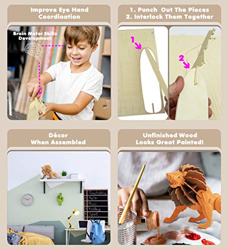 Puzzled 3D Puzzle Lion Wood Craft Construction Model Kit, Unique & Educational DIY Wooden Toy Assemble Model Unfinished Crafting Hobby Safari Animal Puzzled