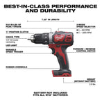 Milwaukee M18 Li-Ion Cordless Compact Electric Drill Driver — Tool Only, 1/2in. Keyless Chuck, 500 In./Lbs. Torque, 1800 RPM Milwaukeey