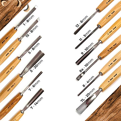 Schaaf Wood Carving Tools Set of 12 Chisels with Canvas Case, Wood Chisels  for Woodworking, Wood Working Tools and Accessories, Wood Carving Chisels, Razor Sharp CR-V 60 Steel Blades