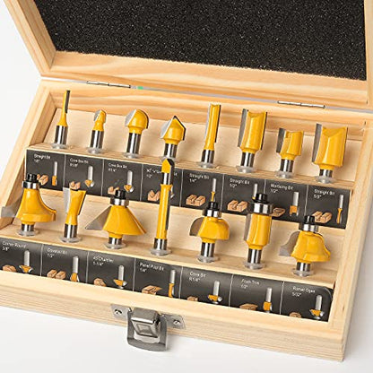 MNA Router Bits Set 15 Pieces 1/4 Inch, Classical Router Bits Kit, DIYer Woodworking Tools, Wood Case