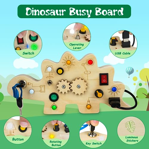 SUPKIZ Toddler Busy Board, Montessori Toys for 1-3 + Year Old Baby, Wooden Busy Board with Led Light, Dinosaur Toddler Toys Sensory Toys Travel Toys