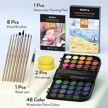 Nicpro Watercolor Paint Set, 48 Water Colors Kit with 8 Squirrel Brushes, Palette, Watercolor Pen, 25 Art Pad Paper, 2 Art Sponges, Non-toxic - WoodArtSupply