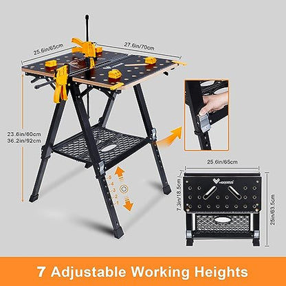 WORKESS Portable Workbench & Sawhorse, 1000Lbs Capacity Heavy Duty Folding Work Table, 23.6"-36" Adjustable Height with 2 Quick Clamps, 4 Bench Dogs,