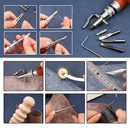 BAGERLA Leather Working Tools and Supplies, Leather Tooling Kit with Waxed Thread Awl Prong Punch Groover Tracing Wheel Punch Leather Working Kit for