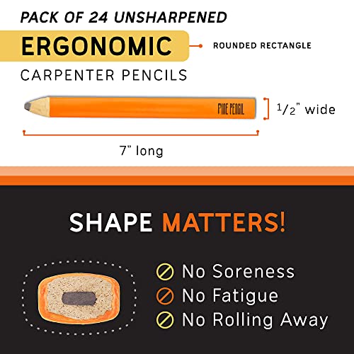 Pine Pencil Carpenter Pencils, Pack of 24, Orange, Versatile and Reliable, Heavy-Duty Marking, Ergonomic Design, High Visibility Pine Pencil