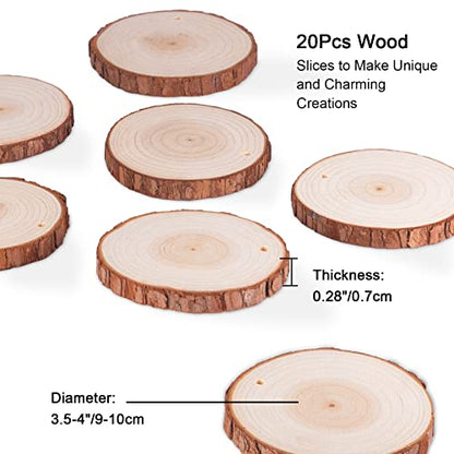 chfine Natural Wood Slices, 20Pcs 3.5-4 Inch Unfinished Wood Round Discs Wooden Circles with Predrilled Hole and 33 Feet Twine String for DIY Arts