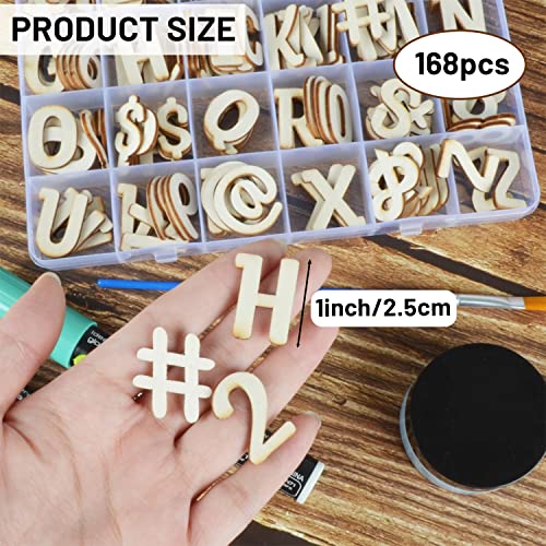 168 Pcs Wooden Letters 1 Inch for Crafts with Storage Box Unfinished Wooden Alphabet Letters Numbers and Symbol Focal20 Small Wood Letters for DIY