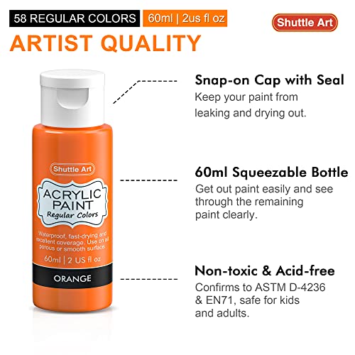 72 Pack Acrylic Paint Set, Shuttle Art 60 Colors Acrylic Paint Including Extra White Black & 12 Brushes, 2oz/60ml, Rich Pigmented, Water Proof, Ideal Shuttle Art