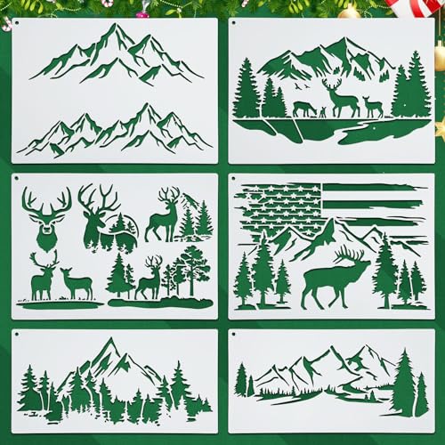 6pcs Christmas Stencils, Mountain Stencils for Painting on Wood Burning Template Reusable Nature Deer Tree Merry Christmas Stencil for Craft Wall
