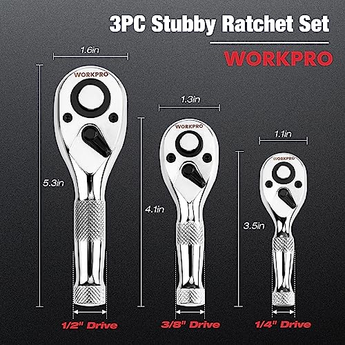 WORKPRO 3-Piece Stubby Ratchet Set, Quick Release Reversible, 1/4", 3/8", 1/2" Drive Mini Ratchet Handle, Small Ratchet Set, Chrome Alloy Made, CR-MO WORKPRO
