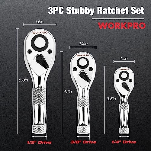 WORKPRO 3-Piece Stubby Ratchet Set, Quick Release Reversible, 1/4", 3/8", 1/2" Drive Mini Ratchet Handle, Small Ratchet Set, Chrome Alloy Made, CR-MO - WoodArtSupply